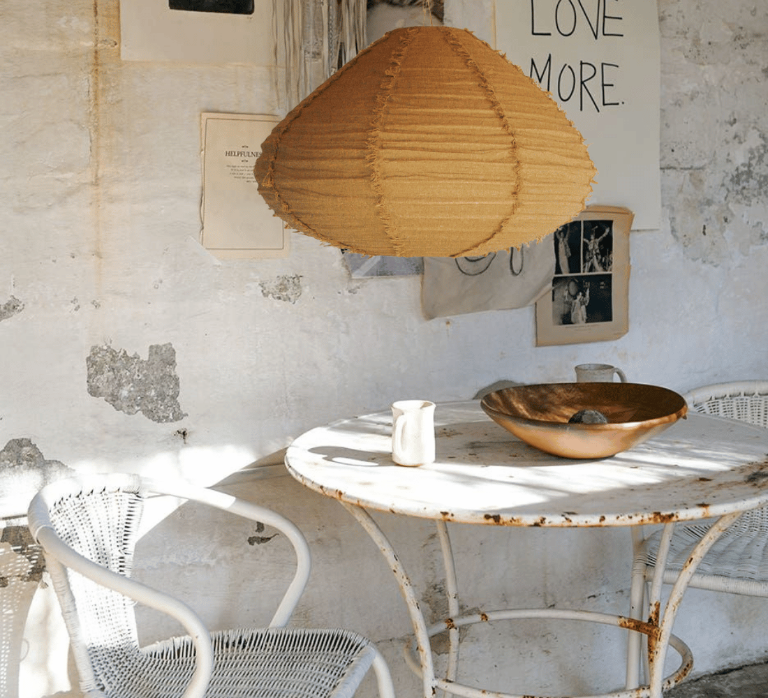 boho halo round 60cm fringed linen designer lightshade pendant light bamboo and natural linen bronze gold  fabric