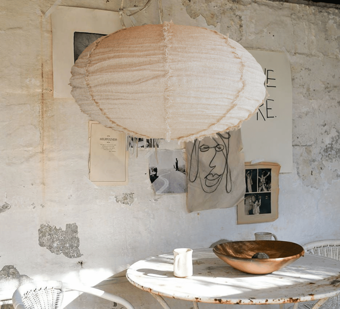 boho halo round 60cm fringed linen designer lightshade pendant light bamboo and natural linen fabric