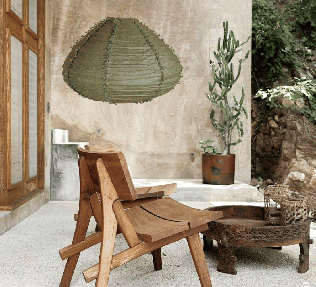 boho halo round 60cm fringed linen designer lightshade pendant light bamboo and natural linen olive green  fabric