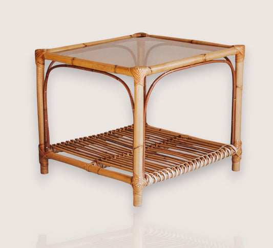 vintage boho cane bamboo side coffee table with glass top