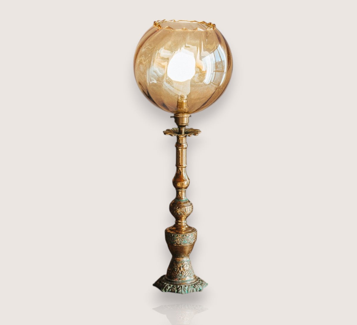 vintage boho brass lamp with amber gold glass shade