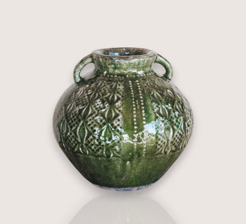 siracusa earthy textured boho designer style urn in an olive green glaze