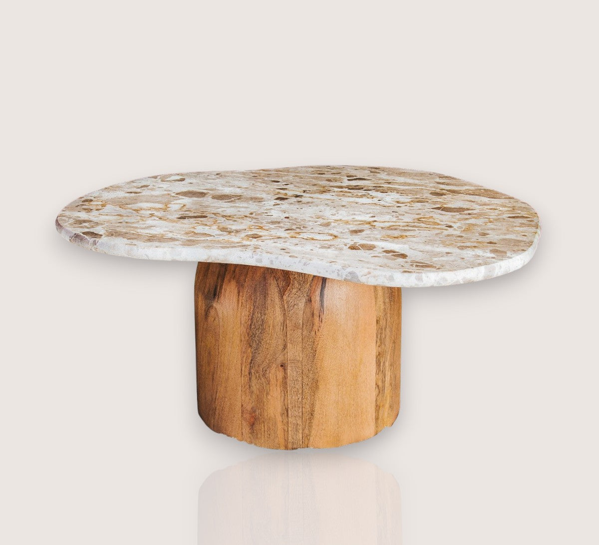 boho designer avi marble coffee table in an organic shape with a round curved solid wood base