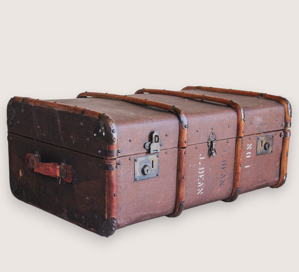 vintage boho antique canvas travel trunk with wooden runners and brass metal corners