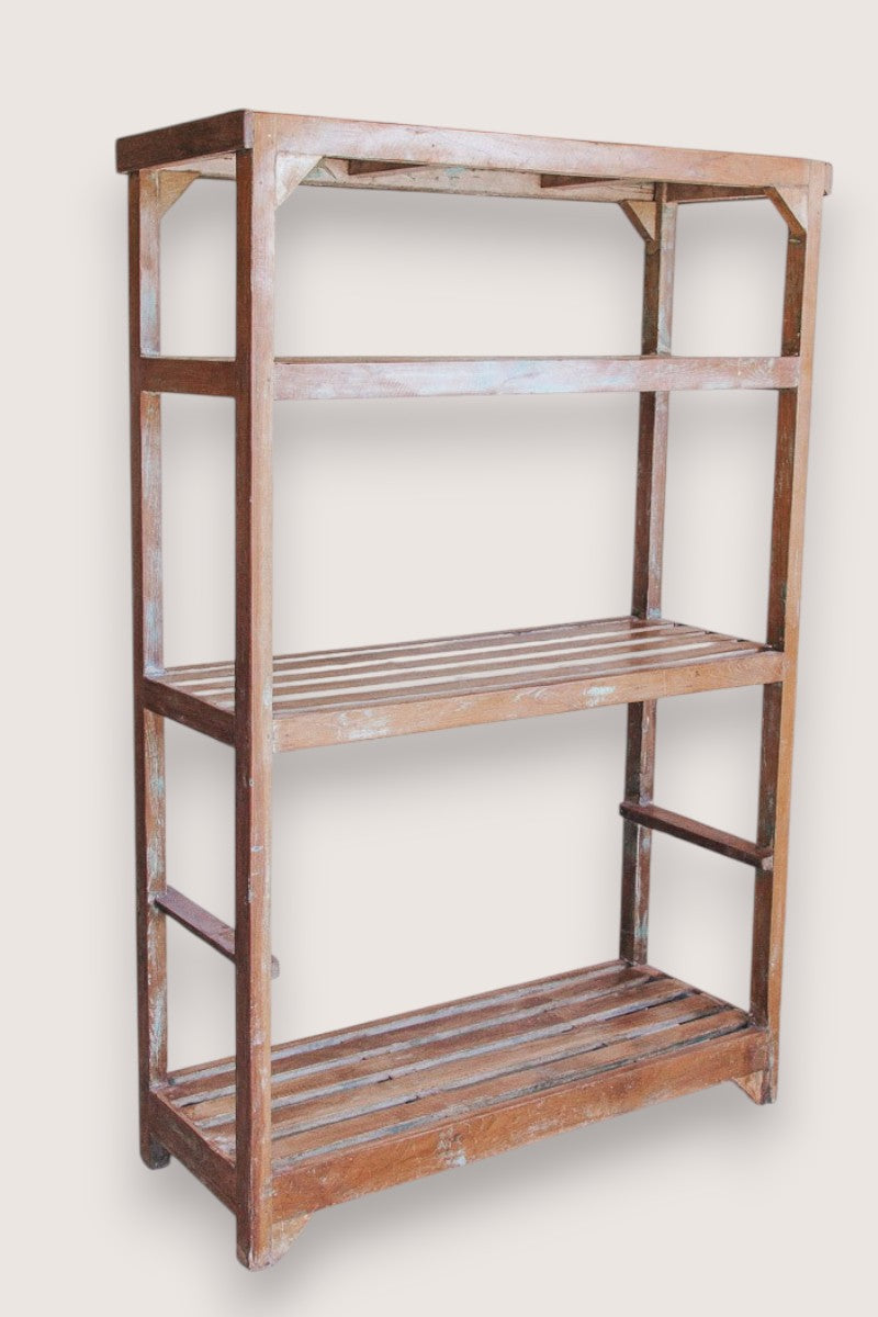 vintage reclaimed wood timber bakers rack shelving with slatted shelves