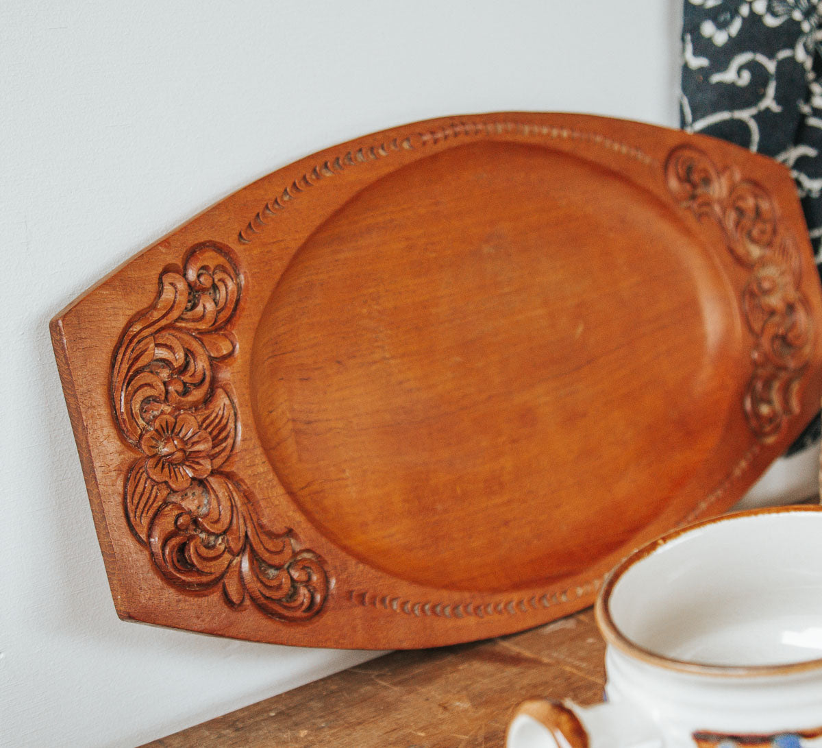 vintage boho indian handcarved wooden serving tray platter
