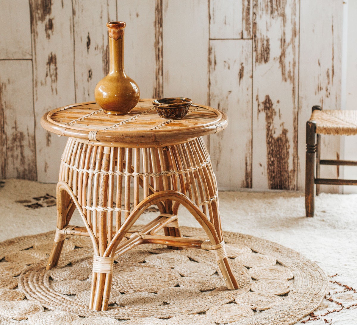 Boho round cane rattan sidetable boheme home the inside home decor bedside table