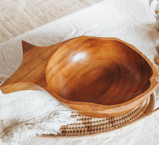 vintage retro boho wooden fish shaped serving salad bowl 