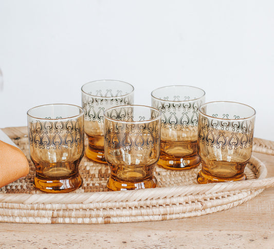 vintage retro bohemian nz made honeygold Kaaru glasses tumblers made by crown crystal nz 