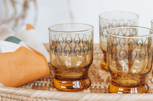 vintage retro bohemian nz made honeygold Kaaru glasses tumblers made by crown crystal nz 