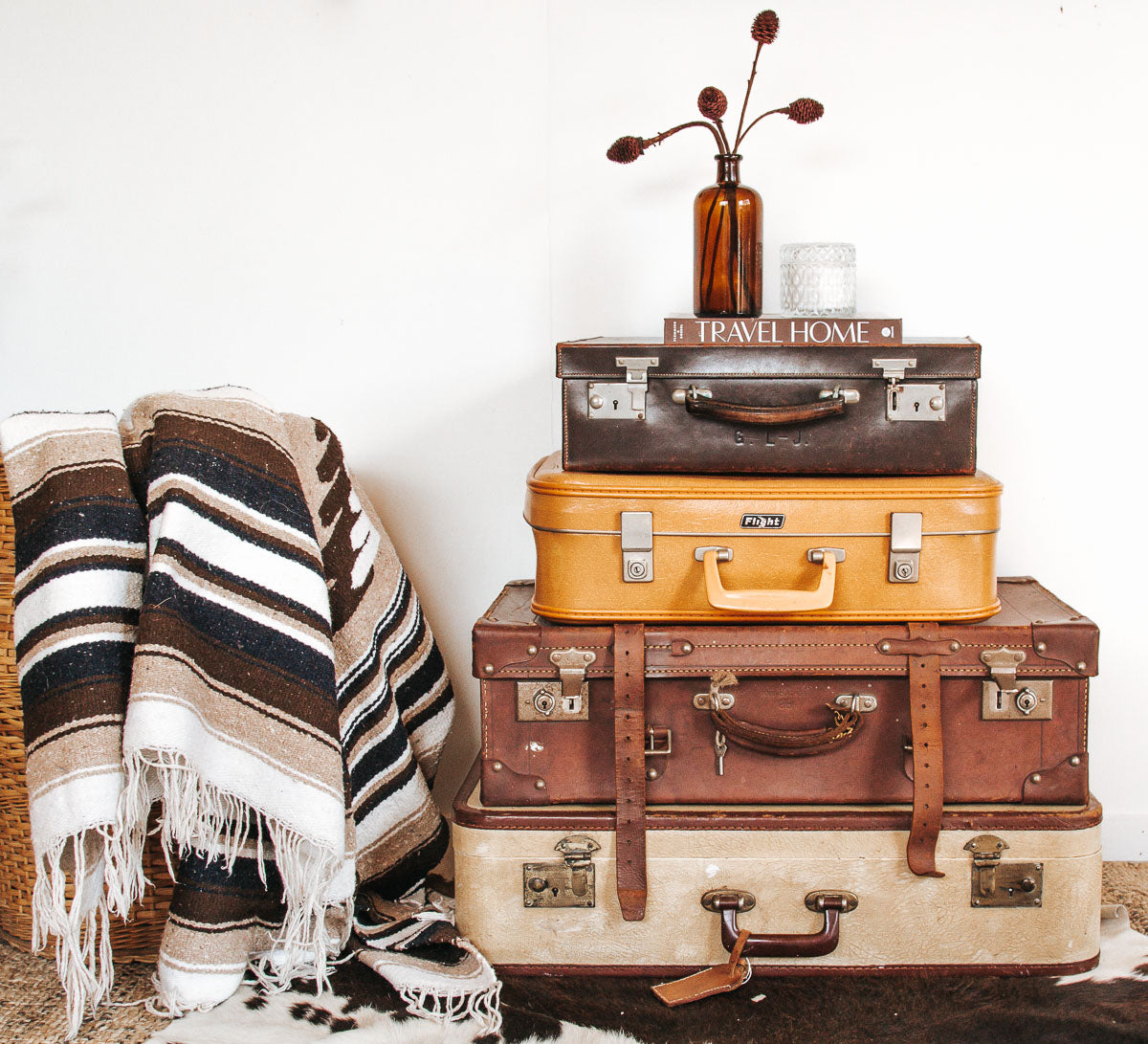 antique vintage boho bohemian solid leather bullock hide suitcase storage