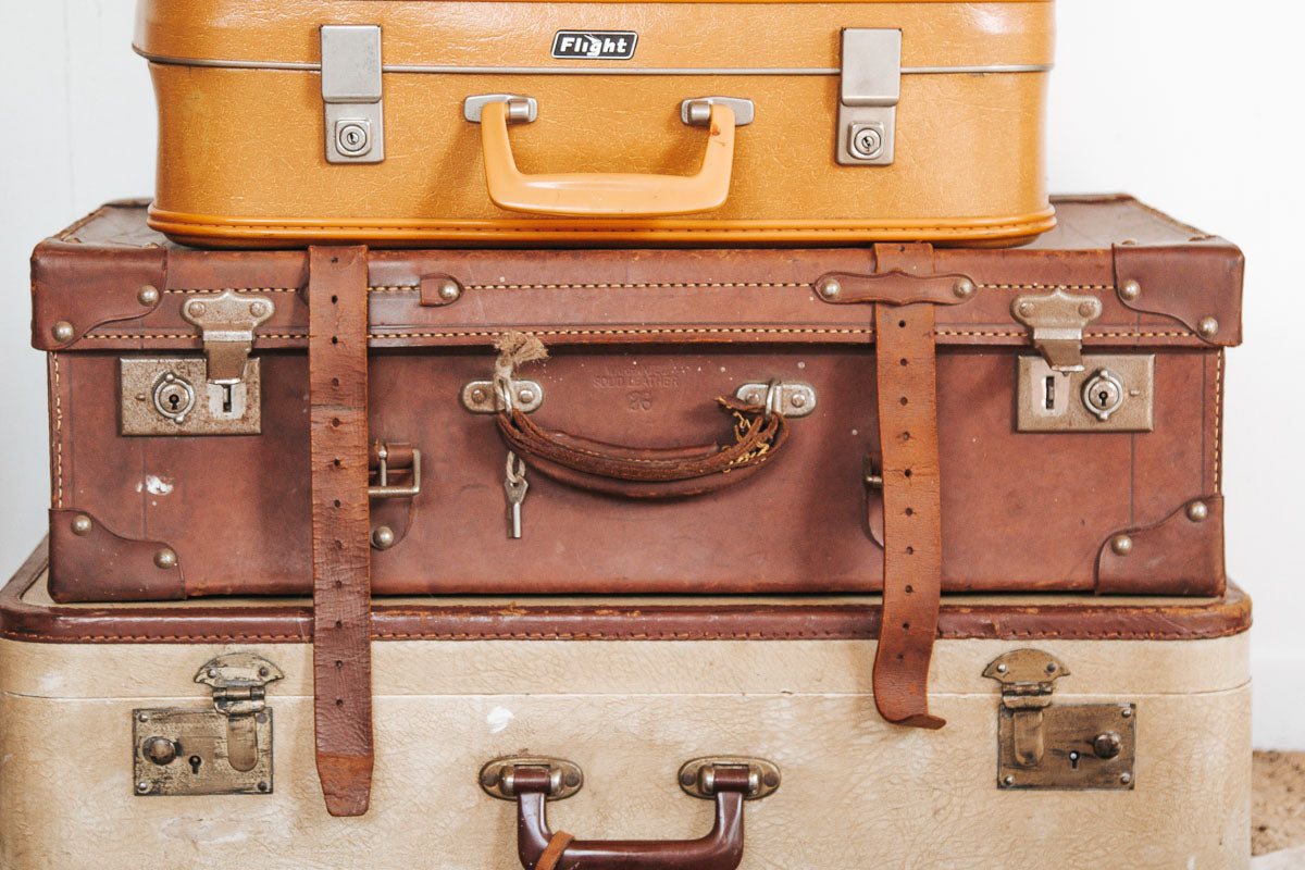 antique vintage boho bohemian solid leather bullock hide suitcase storage