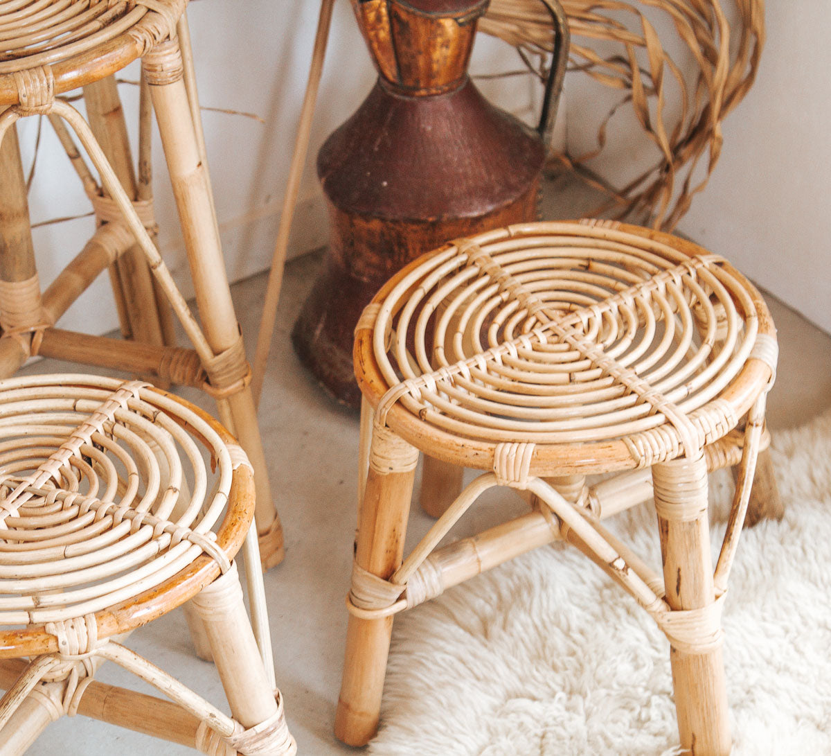 boho rattan cane bamboo spiral kiddies stool plantstand footstool boheme home