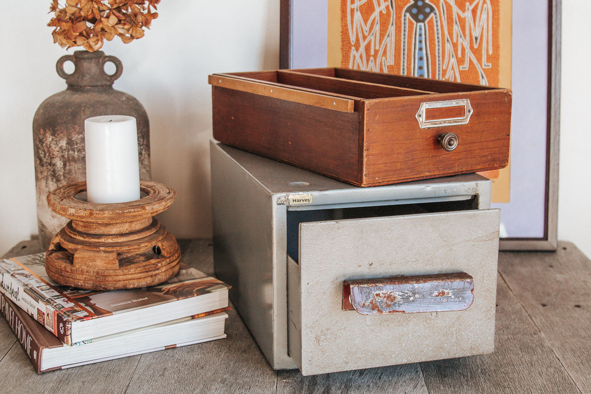 antique vintage boho metal filing drawer