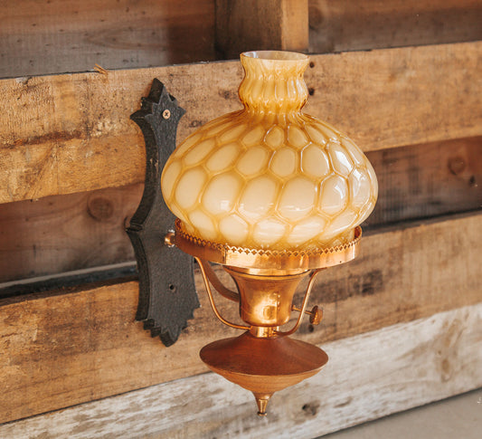 vintage boho retro copper teak amber glass wall light