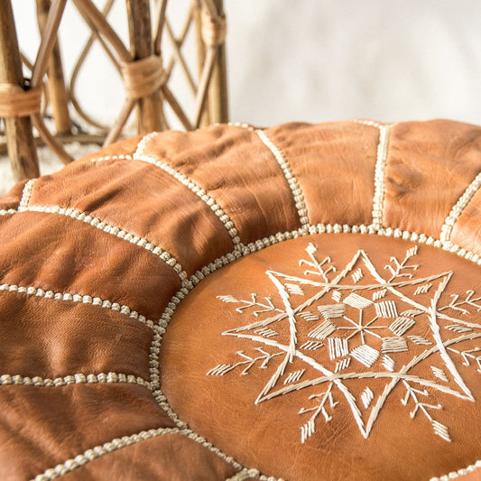 Boho Moroccan Tan Leather Pouf with embroidered stitching